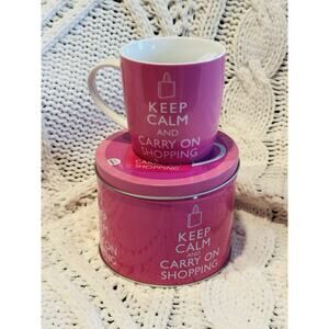 Keep Calm And Carry On Shopping Pink & White Tea / Coffee Mug & container NWT